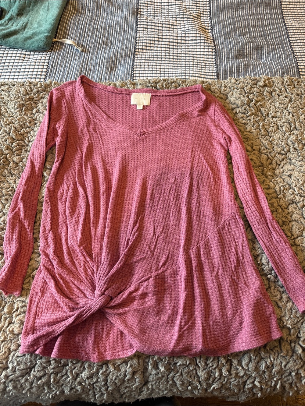 Twist-Front Waffle Long Sleeve Top - Rose